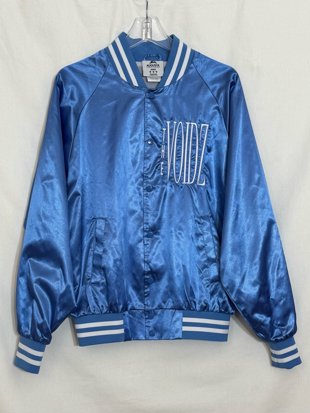 The Voidz Satin Blue Varsity-Style Bomber Jacket, Size M, unisex